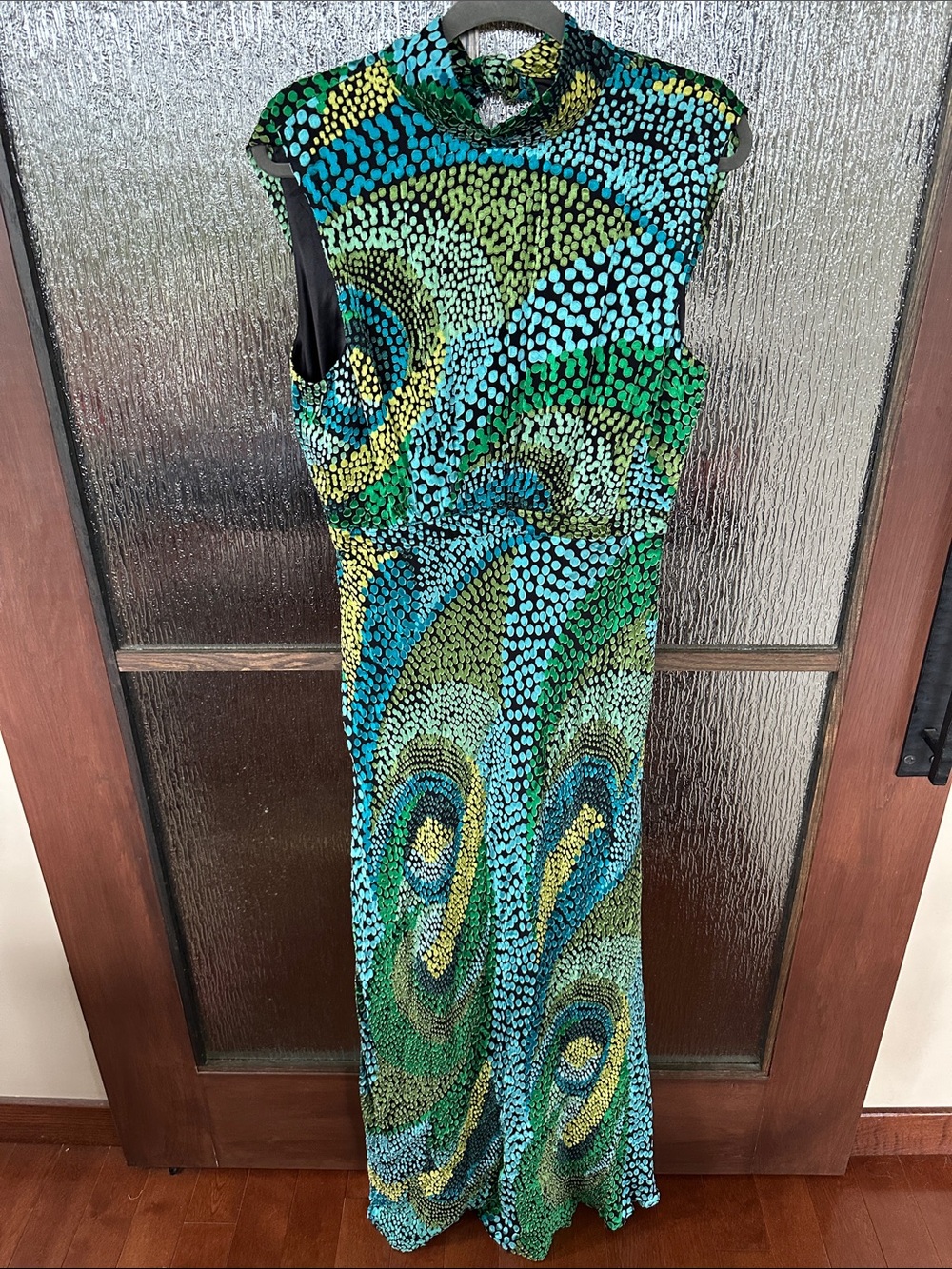 SALONI Fleur Dot Print Dress Sleeveless High-Neck Green Patterned Maxi US 12 - Picture 12 of 17